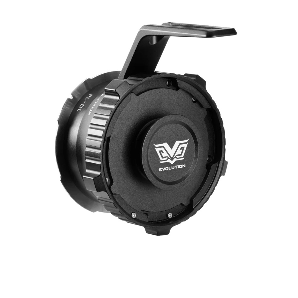 Viltrox ZMOVE series PL Cine lens mount adapter with a solid design, black and round, EVOLUTION marking in white text, and with mounting bracket for installation.
