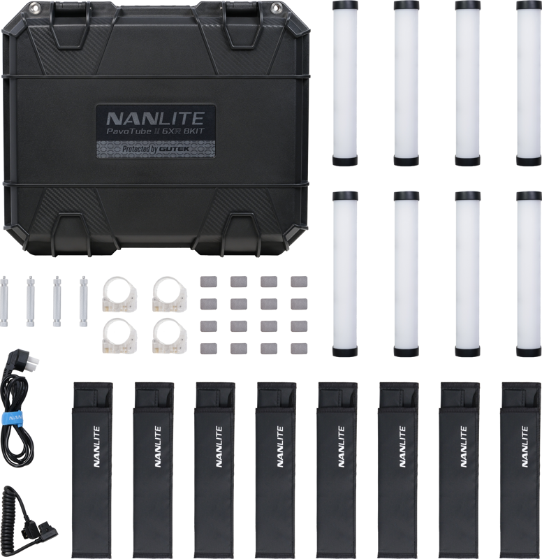 Nanlite PavoTube II 6XR 8 Light Kit, jossa on musta kantolaukku, kahdeksan LED-valoputkea, virtalähteet, kiinnitysklipsit, tarranauhat ja liittimet, on siististi järjestetty valkoiselle taustalle.