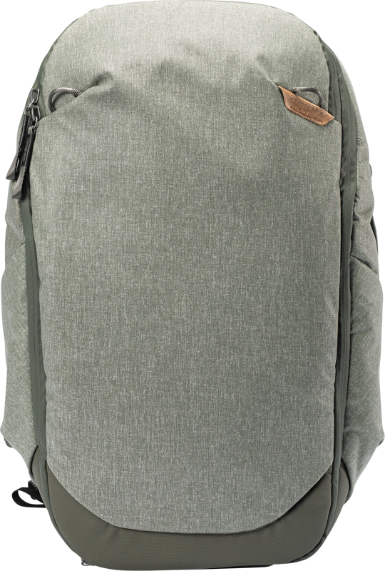Front view of the Peak Design Travel Backpack 30L Sage with a minimalist grey look, smooth textured design, top zip and small brown leather accent near the zip.