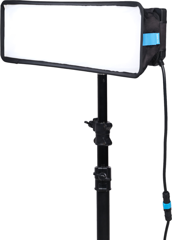 Nanlite PavoSlim 60CL RGBWW LED panel - Slim is a rectangular LED panel with a white diffuser on a black adjustable stand connected to a power cord.