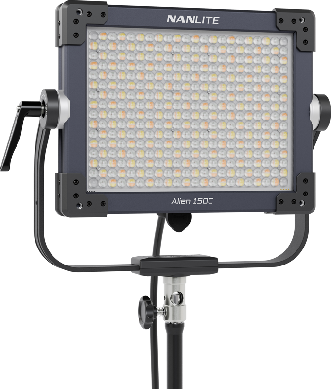 The Nanlite Alien 150C is a rectangular LED panel luminaire with an adjustable base and a number of small visible LED lamps on the front surface.