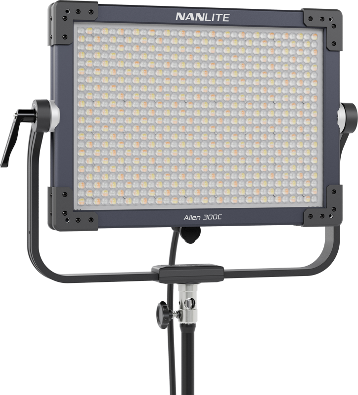 The Nanlite Alien 300C is a rectangular LED panel luminaire mounted on an adjustable stand, with several small LED lamps and adjustment handles on each side.