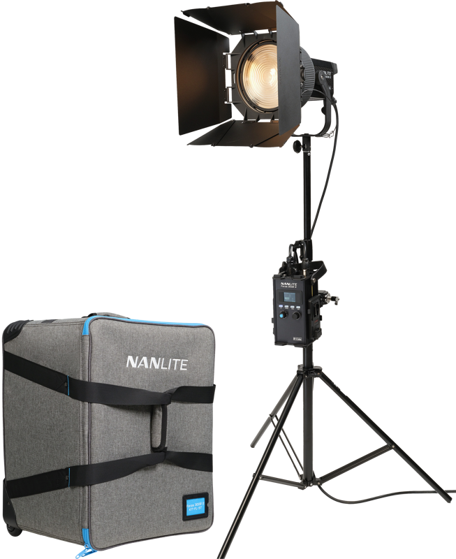 The Nanlite Forza 300B II Bicolor & FL-20G Kit, featuring a black barn-door studio light with tripod, comes in a grey Nanlite trailer case with black straps, all presented on a plain white background.