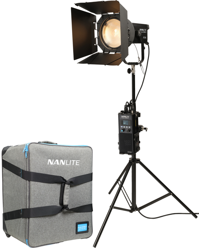 The Nanlite Forza 500B II Bicolor & Nanlite FL-20G Kit is mounted on a black stand with barn doors and control unit, and is shown next to a grey trolley housing with black straps and blue accents.