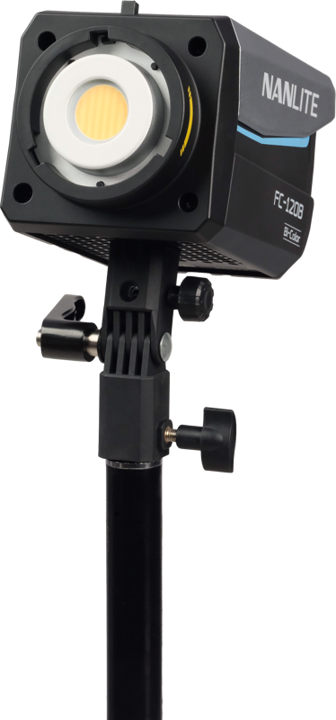 The Nanlite FC-120B LED Bi-color Spot Light is mounted on a black base, viewed from the front against a white background.