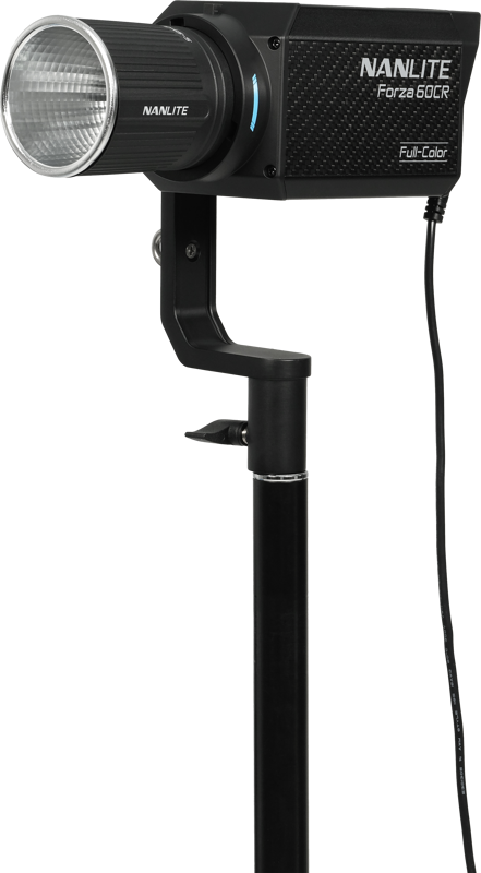 The Nanlite Forza 60CR RGBLAC LED spotlight with CRMX Wireless DMX, mounted on a black stand with power cord, appears on a white background.