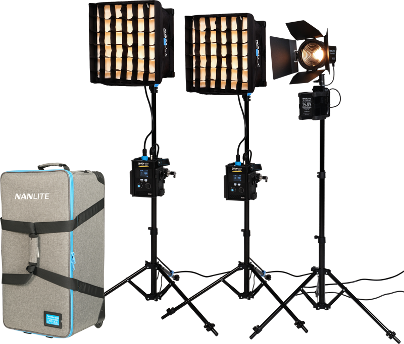 Nanlite PavoSlim 60B x 2 & Forza 60B II KIT is a three-light kit with two softbox LED panels, one spotlight with barn door, three adjustable stands, control units and a grey Nanlite carrying case.