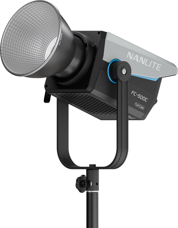 The Nanlite FC-500C LED RGBW Spot Light with modern angular design is mounted on a black base with a large reflective silver plate.