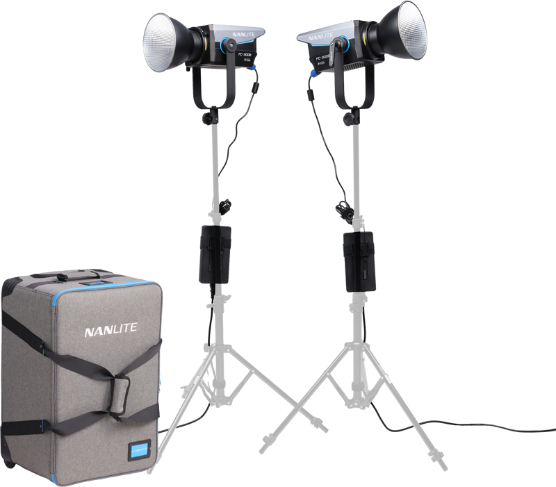 The Nanlite FC-300B 2-Light Trolley Case Kit includes two studio lights with adjustable stands with power supplies, and a grey carrying case with black straps and blue accents, all on a white background.