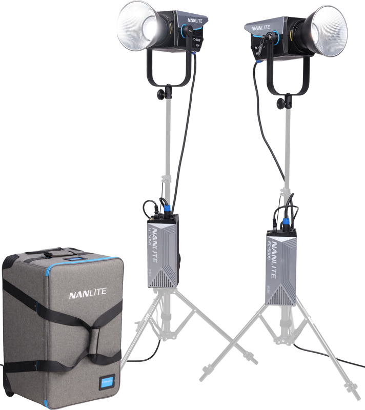 The Nanlite FC-500B 2-Light Trolley Case Kit includes two side-by-side studio lights on adjustable stands with power supplies, and is fronted by a grey trolley case with black straps.