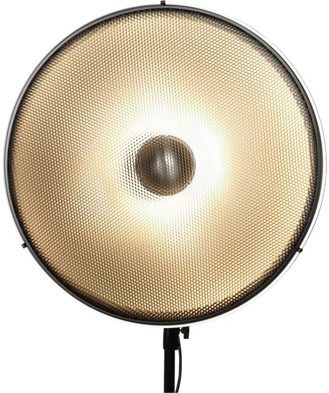 Nanlite Beauty Dish 70 cm, a large circular photographic lamp with a textured gold reflector on a black base, shines brightly towards the camera against a white background.