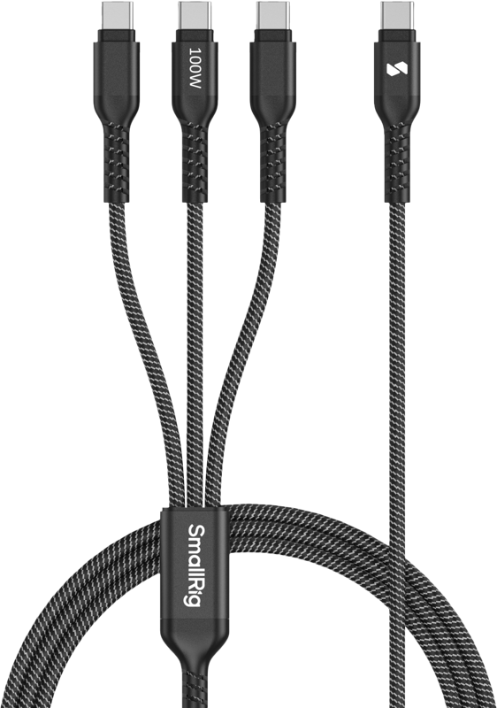 SmallRig 5079 USB-C-virtakaapeli 3-in-1 on punottu musta latauskaapeli, jossa on merkintä 100W ja kolme liitintä tehokasta usean laitteen latausta varten.