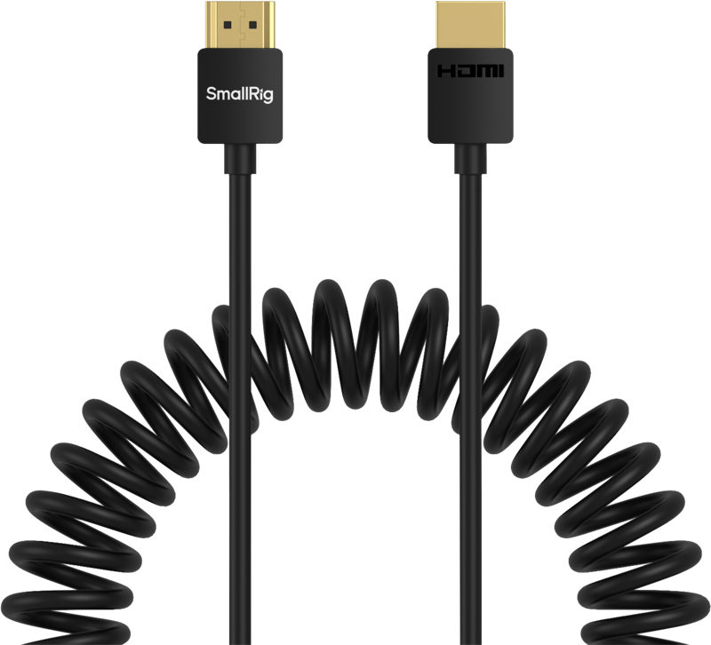 SmallRig 4963 Coiled HDMI-kaapeli A-A on musta, puoliympyrän muotoinen kierrekaapeli, jossa on kullatut liittimet. Toisessa päässä on merkintä "SmallRig" ja toisessa "HDMI".