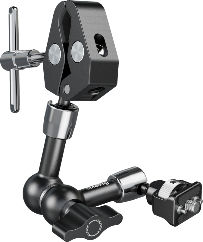 Close-up of the SMALLRIG 5310 Magic Arm with Crab-Shaped Clamp 7", featuring adjustable metal arms with locking knobs and a clamp for securely attaching cameras or accessories to various surfaces.