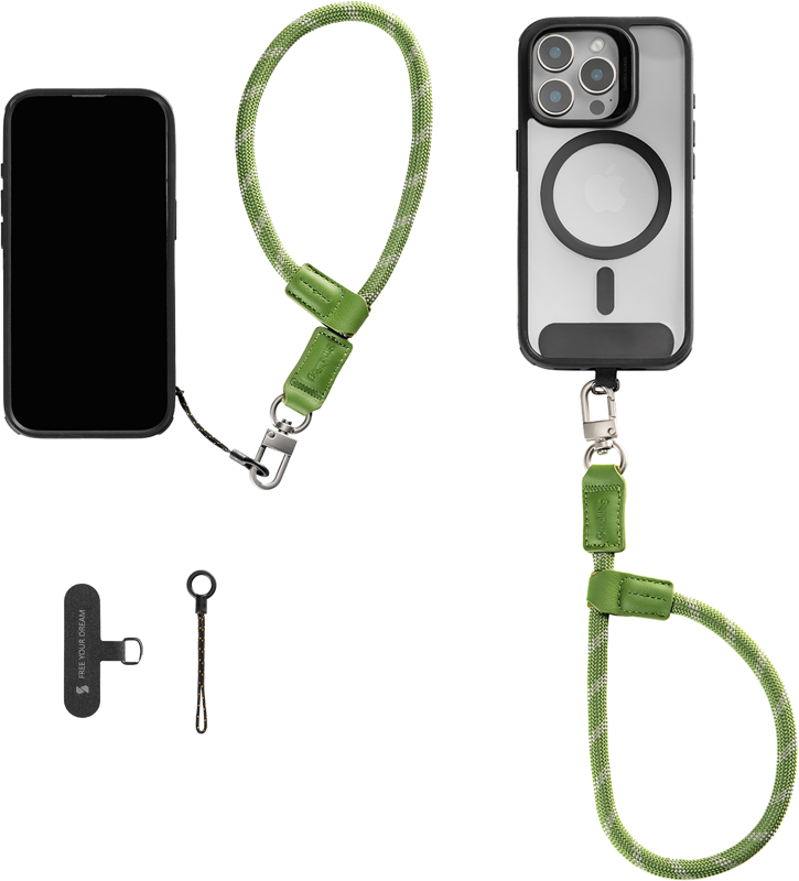 SMALLRIG 5303 FILMOV PHONE WRIST STRAP GREEN näkyy kiinnitettynä kahteen älypuhelimeen sekä liitinkappale ja lähikuva hihnan kiinnitysmekanismista valkoisella pohjalla.