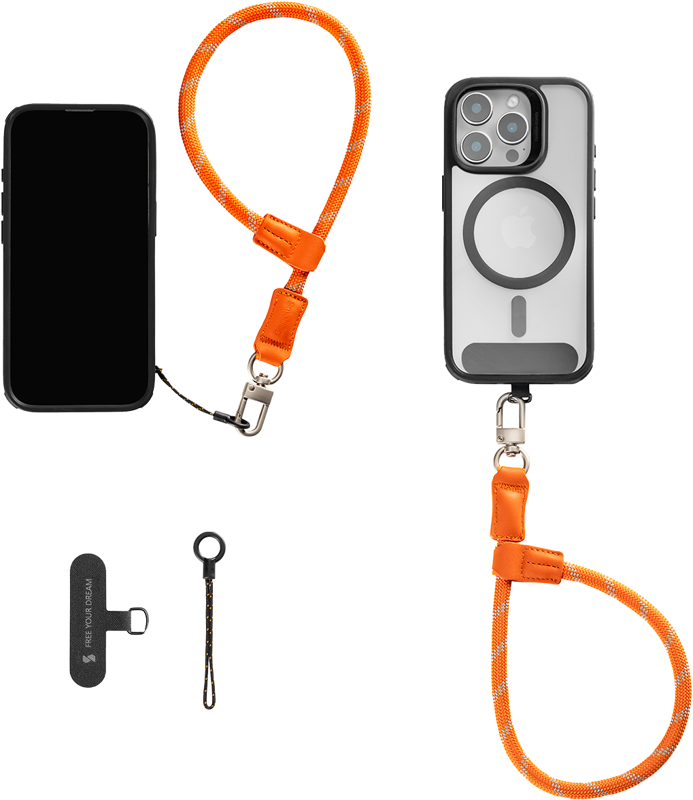 Kaksi älypuhelinta on kiinnitetty SMALLRIG 5302 FILMOV PHONE WRIST STRAP ORANGE kiinnityslenkkeihin, joissa on klipsit. Mukana on myös pieniä mustia kiinnikkeitä ja oranssi silmukka, kaikki järjestetty valkoiselle taustalle.