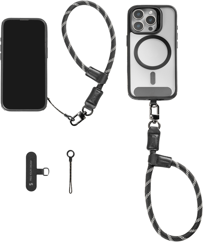 SMALLRIG 4990 FILMOV Phone Wrist Strap Black -puhelimen rannehihna on esitetty kiinnitettynä puhelinkoteloon ja puhelimeen sekä lisävarusteisiin, kuten pieneen silmukkaan ja sovittimeen, kaikki valkoisella pohjalla.