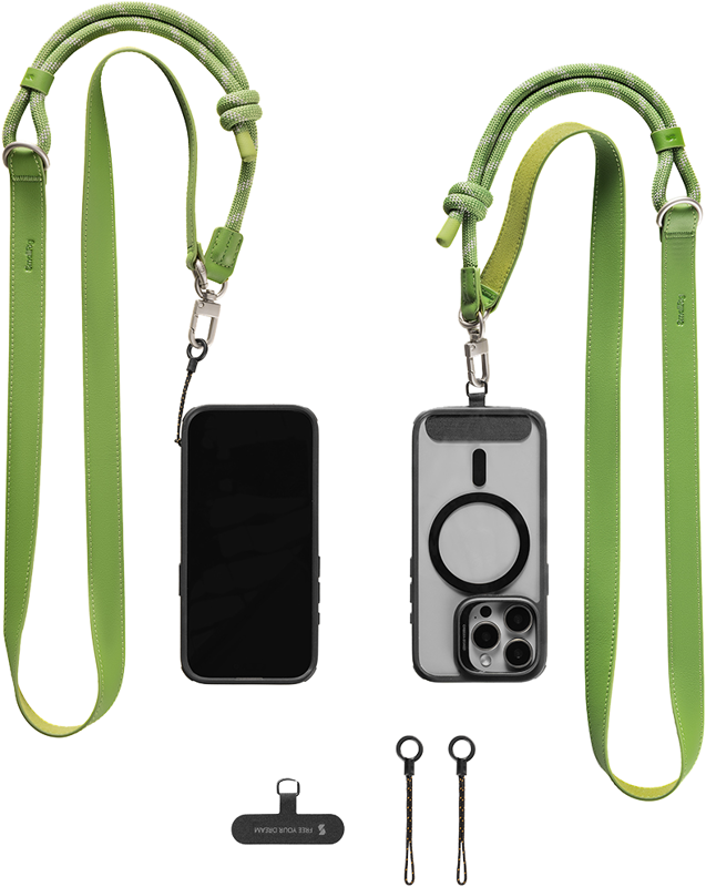 Kaksi älypuhelinta, joissa on SMALLRIG 5301 FILMOV PHONE SHOULDER STREP vihreällä värillä, näytetään - toinen näytölle päin ja toinen selälle päin. Alla oleviin lisävarusteisiin kuuluvat pieni musta liitin ja kaksi lyhyen hihnan mustaa rengasta.