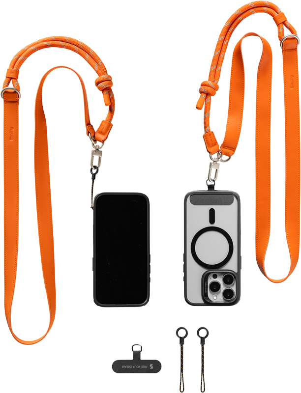 Kaksi älypuhelinta, joiden koteloihin on kiinnitetty oranssi SMALLRIG 5300 FILMOV Phone Shoulder Strap -puhelimen olkahihna, sekä pienet mustat kiinnitystarvikkeet ja lanyard-liittimet puhelinten kiinnittämistä varten.