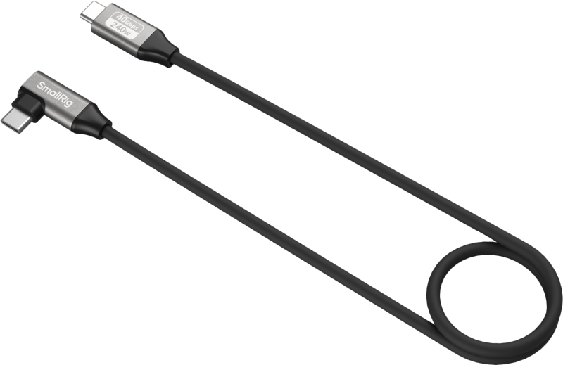 SmallRig 5076 USB-C Straight-to-Angled Cable (40Gbps, 240W, 60cm), musta, hopeisilla liittimillä ja merkinnöillä "SmallRig" ja "240W", näkyy valkoisella pohjalla, ja sen toinen pää on löysästi kierretty.