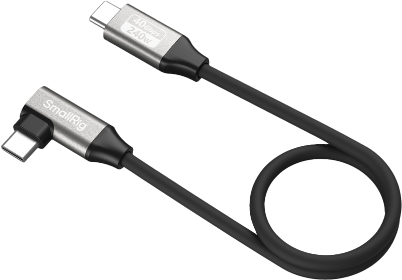 SmallRig 5075 USB-C Straight-to-Angled -kaapeli (35 cm) on musta, tukee 240 W:n virransyöttöä ja 40 Gbps:n tiedonsiirtoa, ja siinä on yksi suora ja yksi suorakulmainen liitin.
