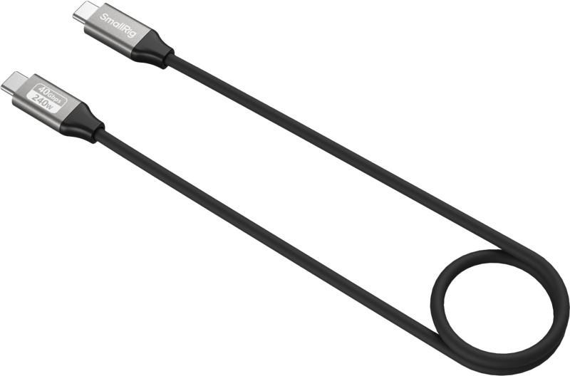 SmallRig 5074 USB-C Straight-to-Straight -kaapeli (40Gbps, 240W, 60cm), jossa on hopeiset liitinpäät, on valkoisella pohjalla, ja toinen pää on kierretty silmukkaan.