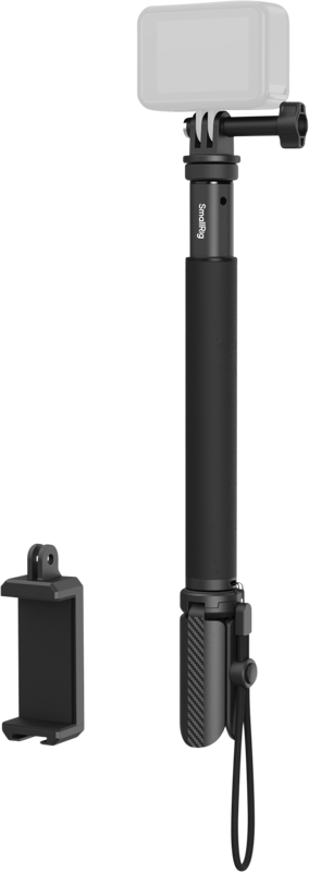 SMALLRIG 5403 Selfie Stick for Action Cameras on kuvassa pystysuorassa mustassa värissä, jossa on rannehihna. Sen vieressä on irrotettava puhelimen pidike, ja kepin päällä on action-kameran kiinnike.