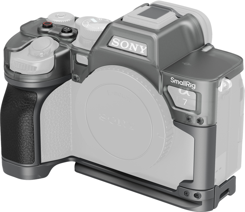 Sony A7 IV camera without lens and equipped with SmallRig 4798 Hybrid Modular Cage. The metal cage surrounds the body and provides additional protection and extra mounting points for accessories.