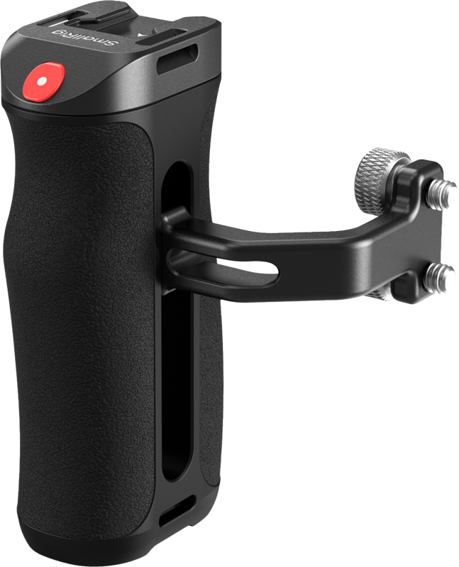 The SMALLRIG 4928 Side Handle with REC Trigger (1/4"-20 screws) is a black, textured camera handle with a red top button and a metal side bracket for attaching accessories.