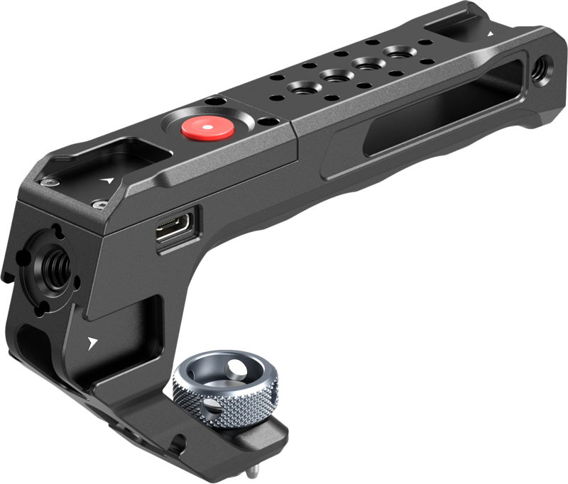 SMALLRIG 4927 Top Handle with REC Trigger (ARRI Locating Screw) is a black metal camera handle with multiple mounting holes, a textured silver knob and a red REC button for attaching accessories to camera equipment.
