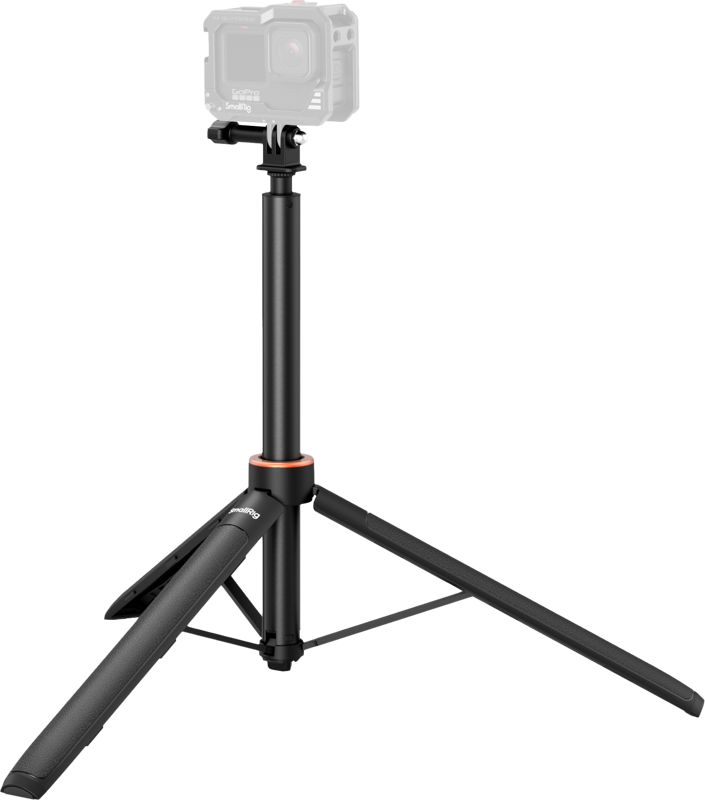 SMALLRIG 5284 VT-08 Mount Support for Action Cameras on musta kolmijalka, jossa on pidennetty keskipylväs, kolme jalkaa (yksi osittain taitettuna) ja asennettu toimintakamera vaaleaa taustaa vasten.