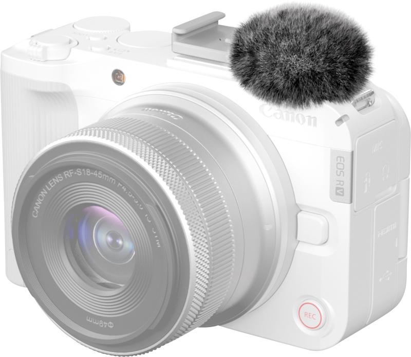 Suurella objektiivilla varustettu Canon EOS R50 V -kamera on varustettu SMALLRIG 5434 Furry Windscreen Kit (2kpl) -suojapaketin päällä.