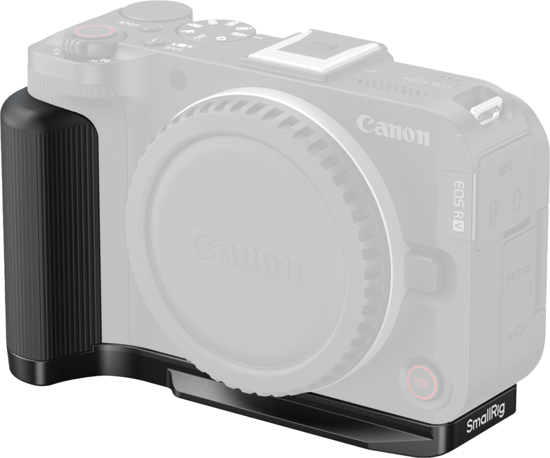 Puoliksi läpinäkyvässä Canon EOS R50 V -kamerassa näkyy musta SMALLRIG 5429 L-muotoinen kiinnityslevy, jonka vasempaan alareunaan on kiinnitetty kahva, joka tarjoaa pidennetyn ergonomisen otteen.