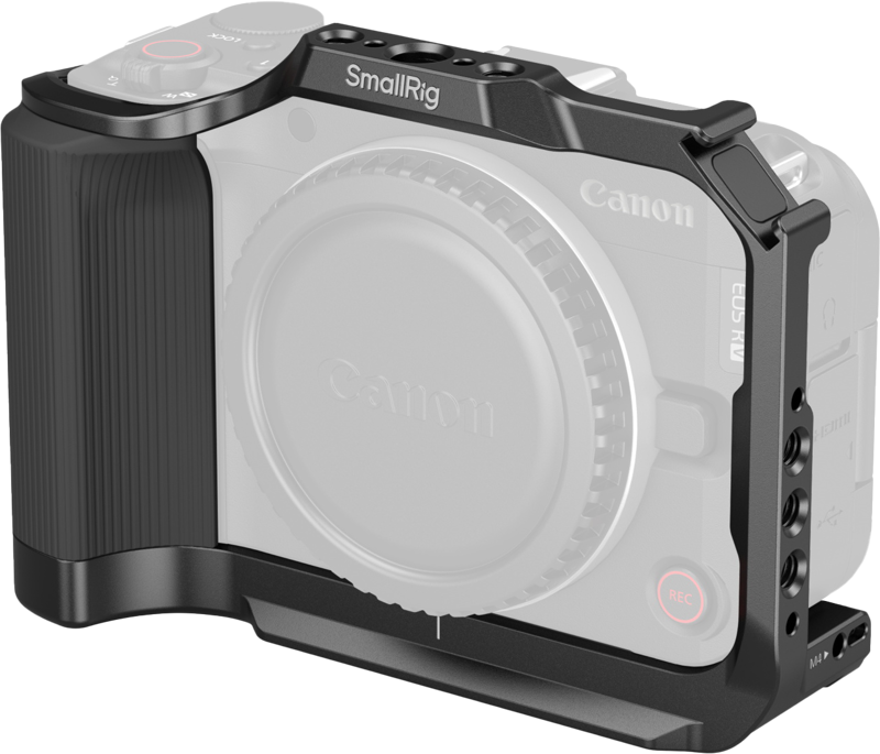 SmallRig 5427 Cage for Canon EOS R50 V Musta on kiinnitetty osittain läpinäkyvään Canonin kameran runkoon, mikä osoittaa, miten häkki tarjoaa suojaa ja kiinnitysmahdollisuuksia.