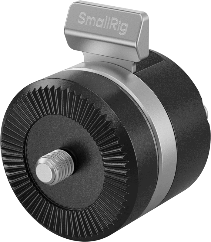 Close-up of the SmallRig 5134 rotary ARRI-style rosette adapter, black and silver, showing its brushed round base, central threaded screw and metal tab with SmallRig label on top.