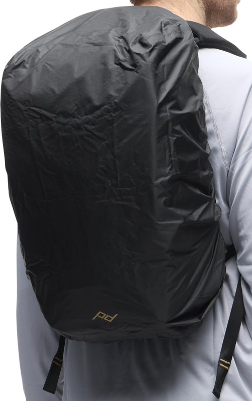 A person wearing a light grey shirt, seen from behind, is carrying a black Peak Design Rain Fly 15L-20L backpack with a subtle logo near the bottom.