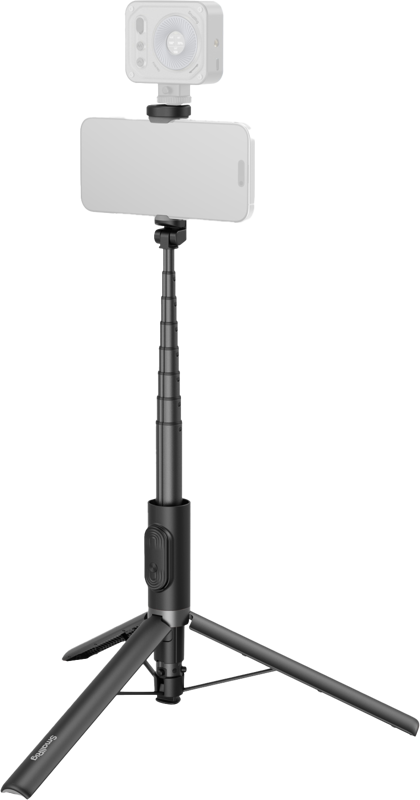 SmallRig 5291 ST30 Lite One-Touch Deploy Selfie Stick Tripod, musta, pitää älypuhelimen ja kameran, jonka päällä on pyöreä valo, kuvassa tavallista taustaa vasten.