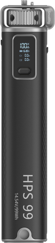 Musta SmallRig 4553 HPS99 Handheld Power Stick (99Wh), jossa on digitaalinen näyttö akun tilaa ja asetuksia varten, hopeiset korostukset ja etupuolelle painetut mallitiedot.