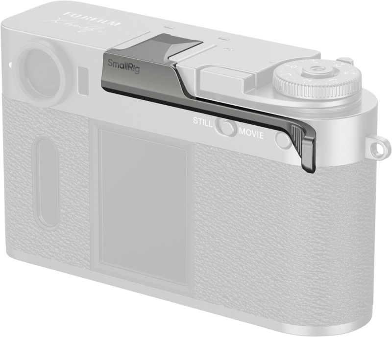 Close-up of a Fujifilm camera with the SmallRig 5333 Thumb Grip for Fujifilm X Half Charcoal attached above the adjustment wheel, showing its ergonomic design and better handling.