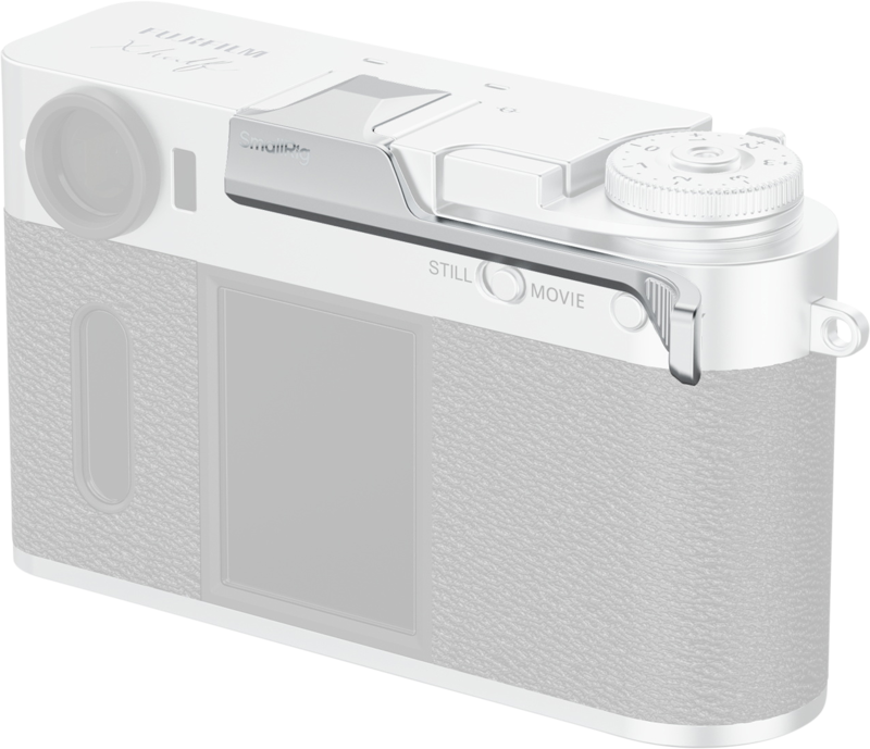 The SmallRig 5221 Thumb Grip for Fujifilm X Half Silver features a silver and black design with top and back controls, STILL/MOVIE mode switch, textured grip and display.