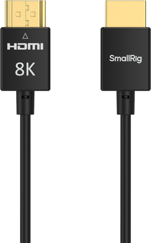 Kaksi mustaa SmallRig 5086 8K HDMI -datakaapelia (A-A, 100 cm) on esitetty pystysuorassa. Vasemmassa liittimessä lukee "HDMI 8K" ja oikeassa "SmallRig". Molemmissa liittimissä on kullatut päät ja mustat kaapelit.