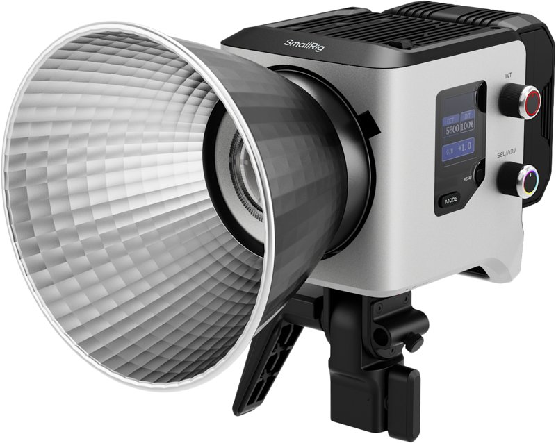 The SmallRig 5098 RC 220C RGB COB LED video light features a large silver reflective cone diffuser, digital display, control knobs and mounts on an adjustable bracket.