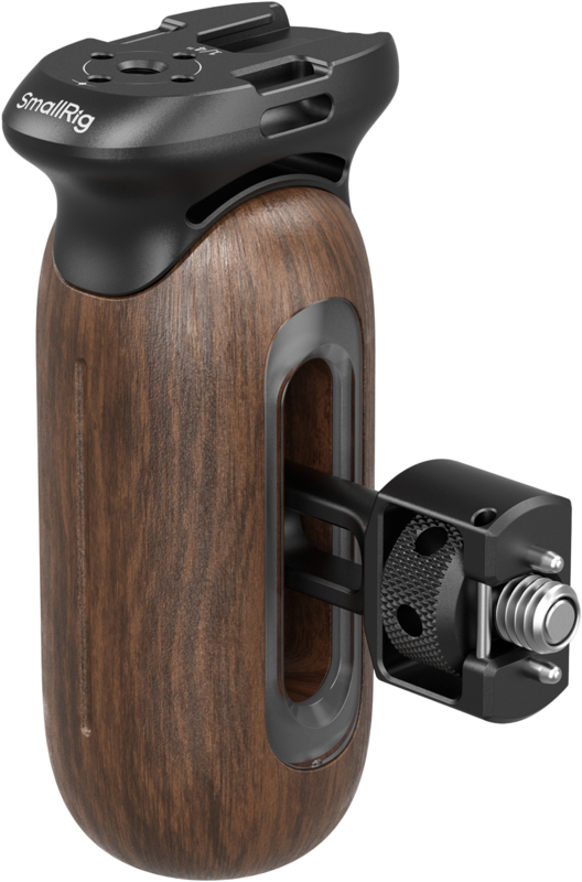 The SmallRig 5238 Wooden Side Handle features ergonomic wood and metal construction, 1/4"-20 & 3/8''-16 ARRI locating screws, black mounting bracket and SmallRig logo on top.