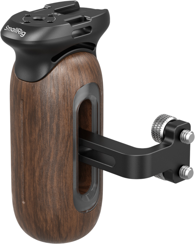The SmallRig 5237 wooden side handle with 1/4"-20 screws includes a comfortable wooden handle, a black metal mounting bracket and adjustment knobs for increased stability and comfort while shooting.