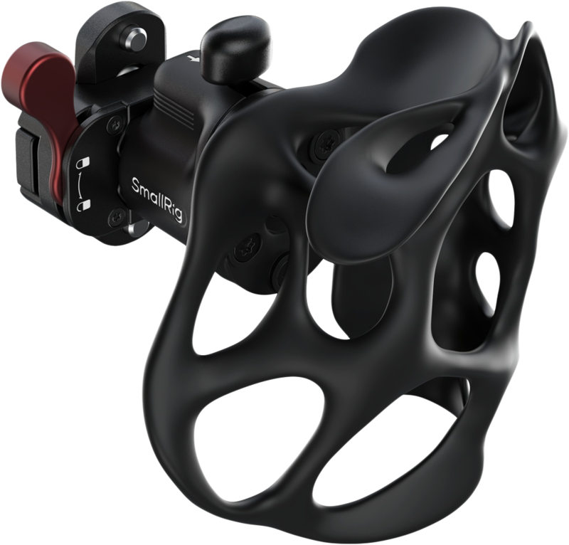 The SmallRig 5243 ImageGrip series liquid grip with NATO mount (right side) is a black, organically shaped camera grip with a sculptural web-like design, metal bracket, red lever and multiple attachment points.