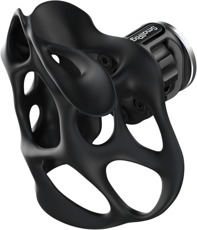 Black, futuristic SmallRig 5240 ImageGrip series liquid grip (left side) with ARRI screen with open grid, organic shape and smooth, curved surfaces for a light and modern look.