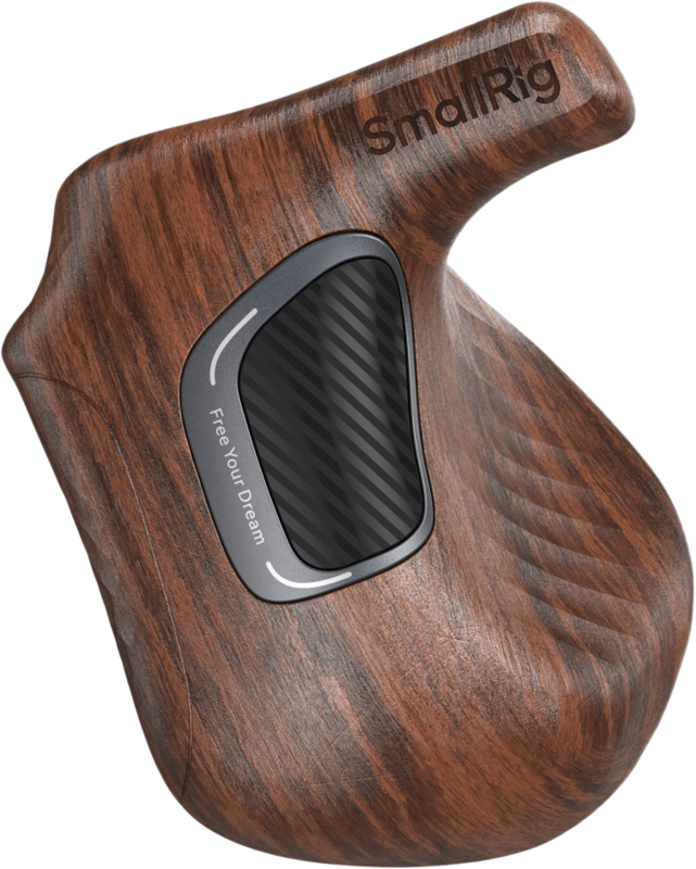 SmallRig 5162 ImageGrip-sarjan puukahva ARRI-ruusukkeella (vasen puoli) on ergonominen puinen muotoilu, musta kuvioitu insertti ja SmallRig-logo kaiverrettuna yläkulmaan.