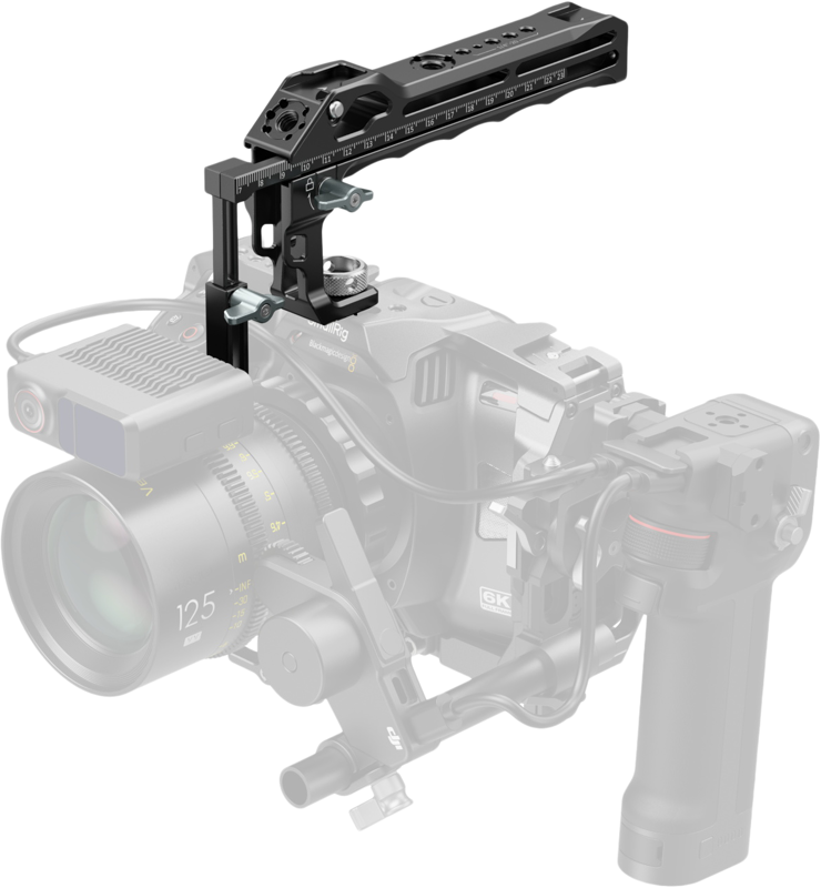 The SmallRig 5236 Top Handle for DJI Focus Pro LiDAR is attached to the top of the professional film camera rig, with the black handle accentuated as the rest of the rig is softly faded into the background.