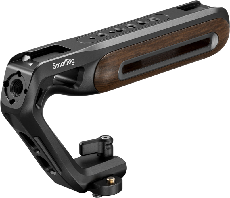SmallRig 5251 Wooden Top Handle with NATO Clamp sisältää mustan ja puupainotteisen ergonomisen otteen, useita kiinnityspisteitä ja turvallisen kiinnikkeen kamerarigille.
