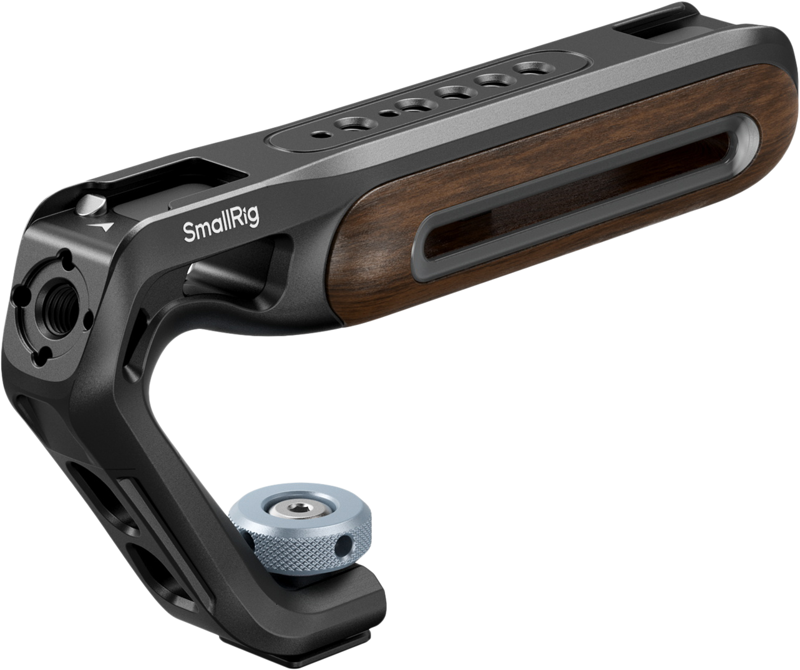 SmallRig 5250 Wooden Top Handle with Cold Shoe Mount -laitteessa on musta ja ruskea puukahva, useita kiinnitysreikiä ja metallinen kiristysnuppi kameran turvallista kiinnittämistä varten.
